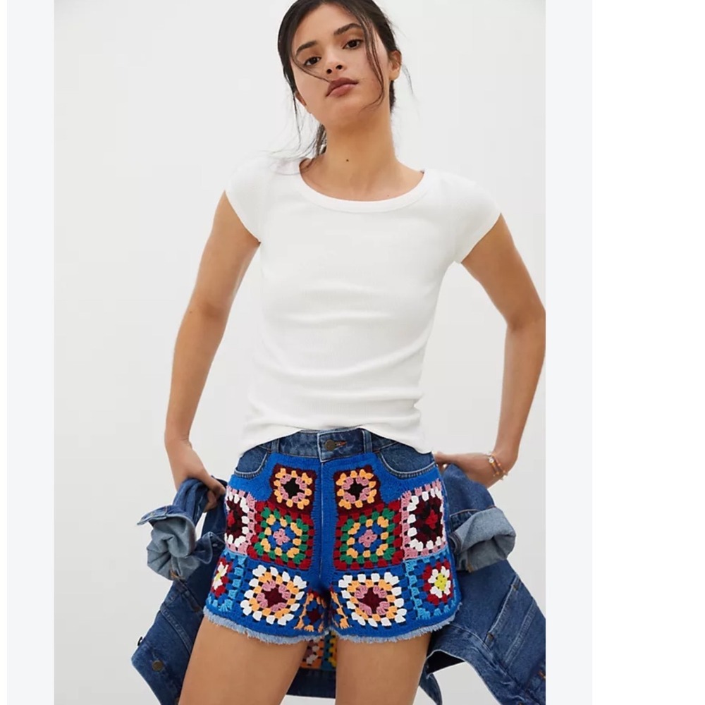 Farm Rio Anthropologie Ultra High-Rise Crochet Denim Shorts Blue Multi Size 25